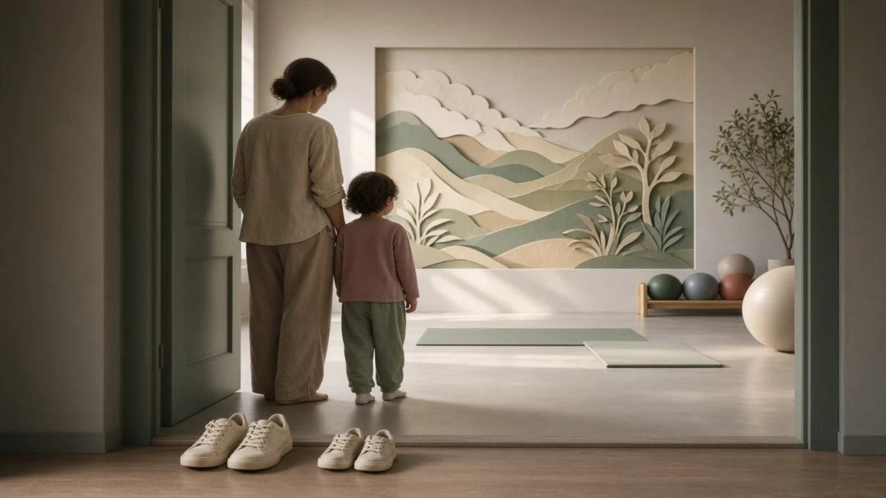 Fictional caregiver and participant waiting at a studio threshold