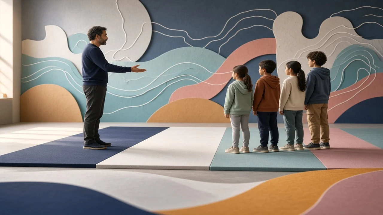 Fictional coach giving a calm group instruction in a supervised studio