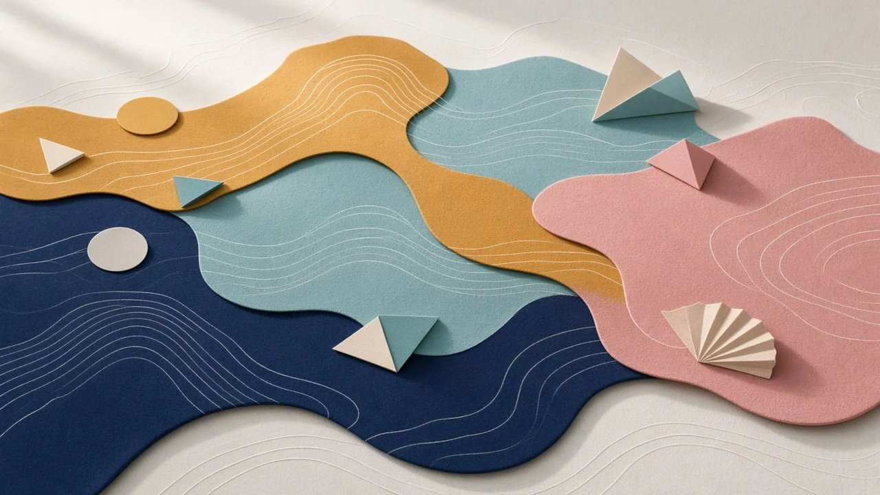 Abstract fictional studio-atlas shapes representing connected movement paths