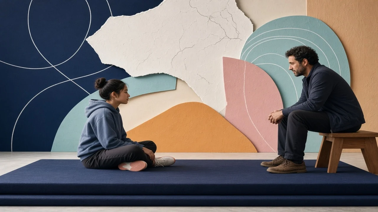 Fictional editorial scene of a calm coach and participant conversation