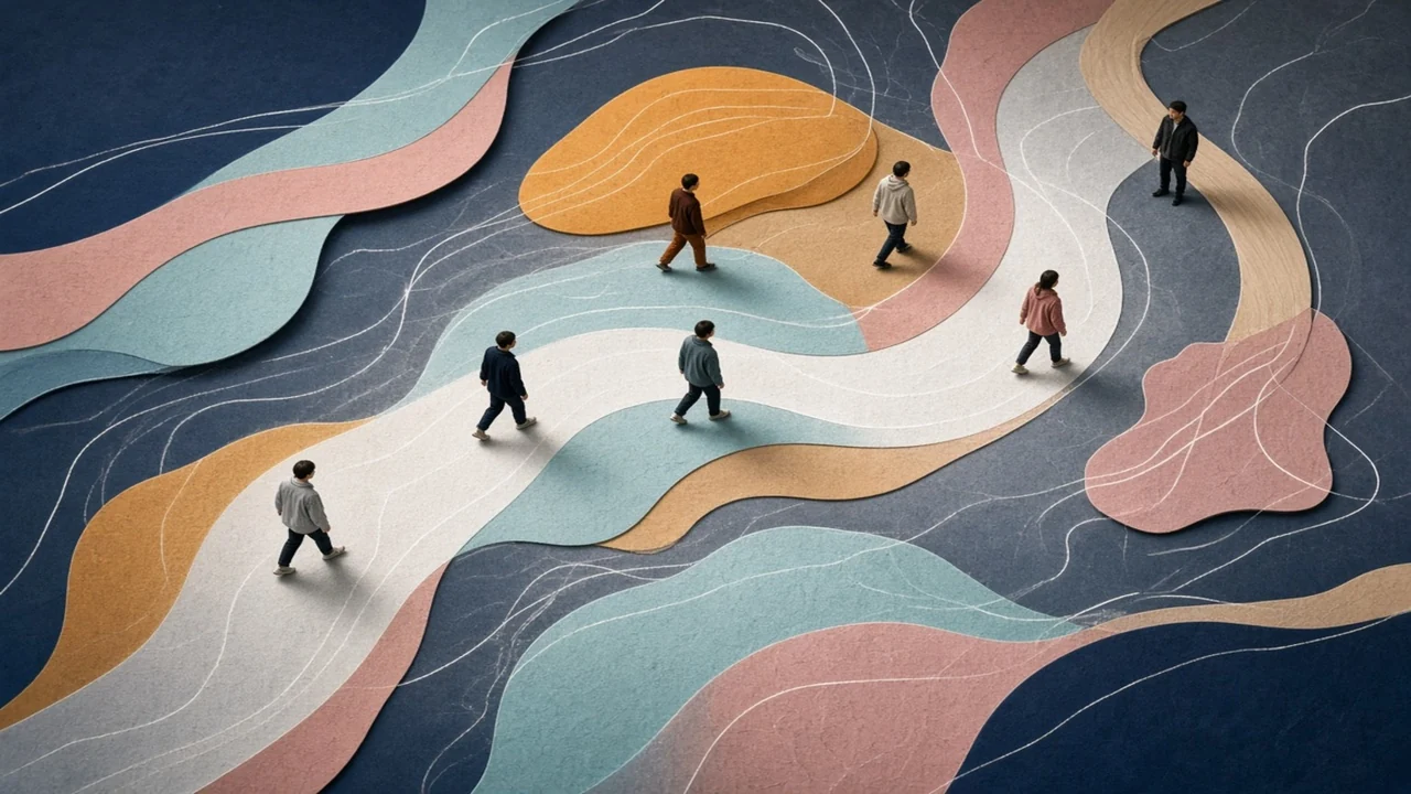 Abstract fictional overhead movement paths in a studio-atlas style