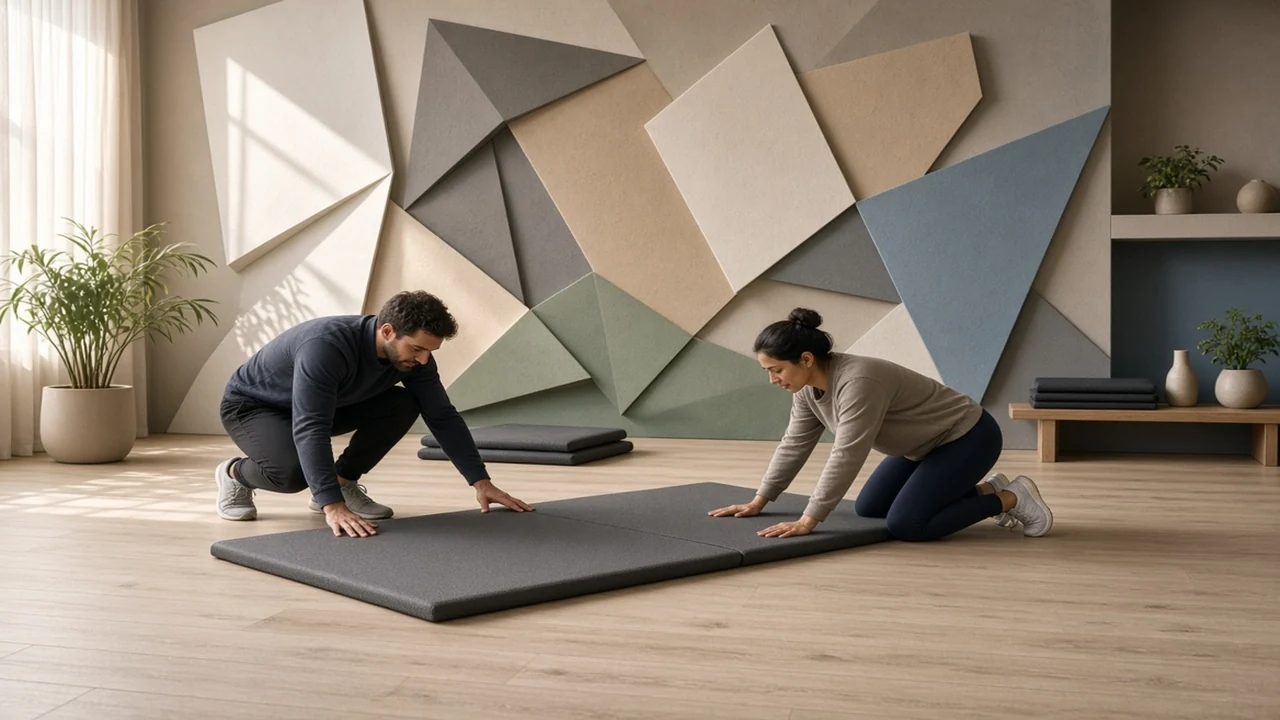 Fictional adults checking a soft mat surface before use