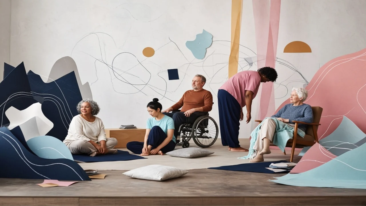 Fictional diverse adult volunteers preparing a community movement space